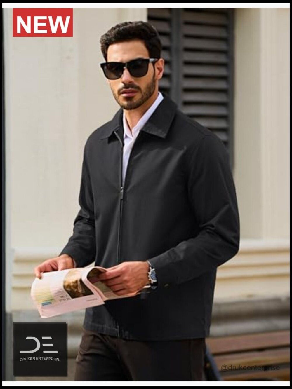 Full Zip Up Work Jacket Turndown Collar Business Casual Windbreaker with 3 - Picture 2 of 7